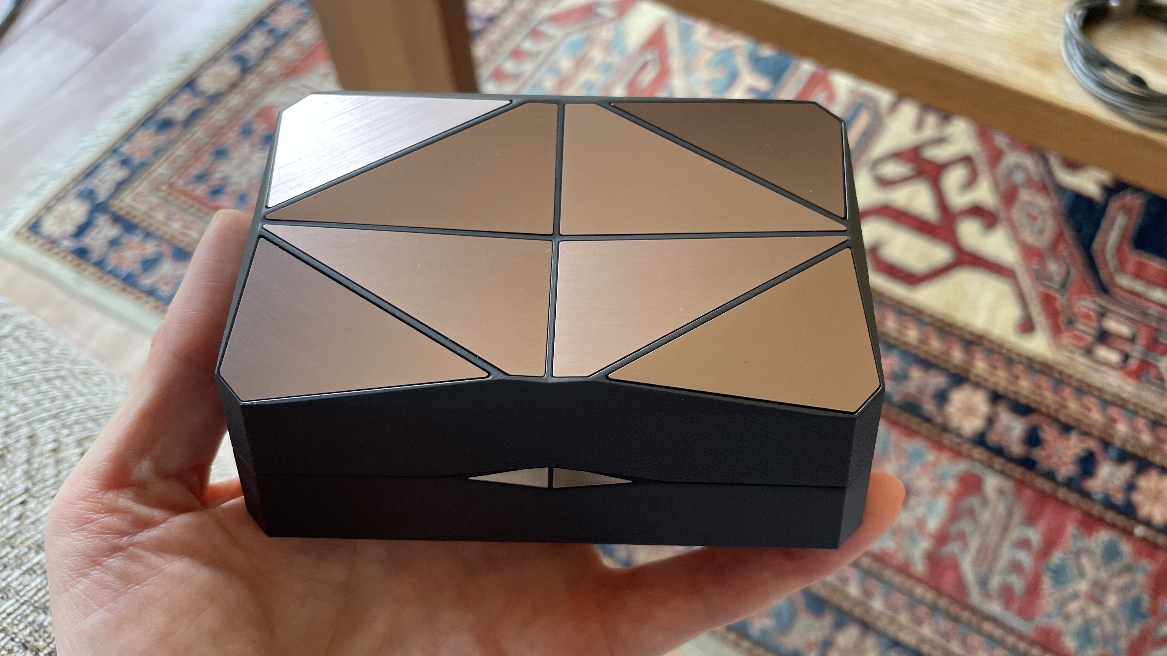 iFi Go Pod in a hand, with high-end wired earbuds and in the case, which accepts even larger earbuds