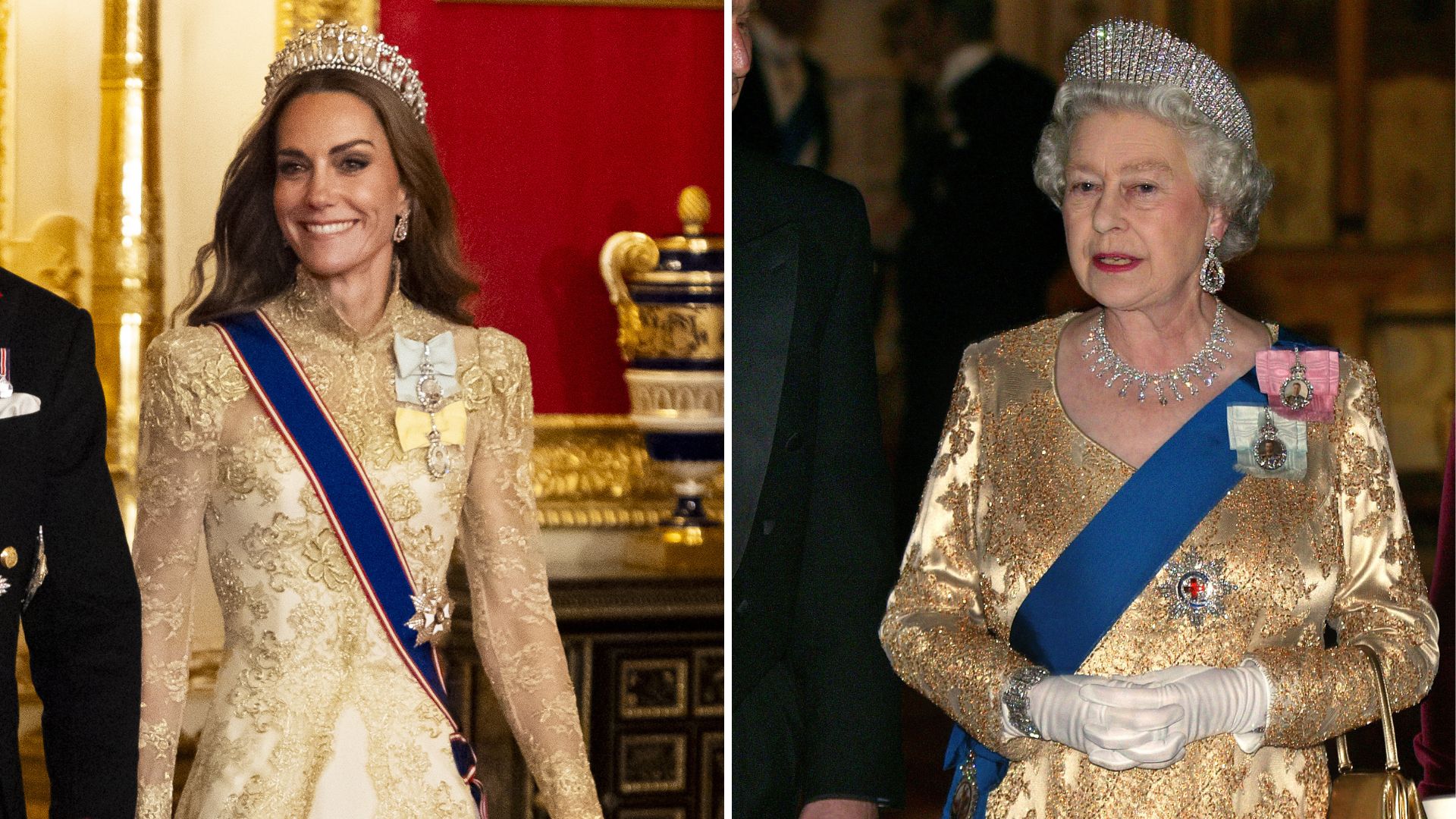 A composite of two pictures, one of Kate Middleton, one of Queen Elizabeth, wearing gold dresses to State Banquets