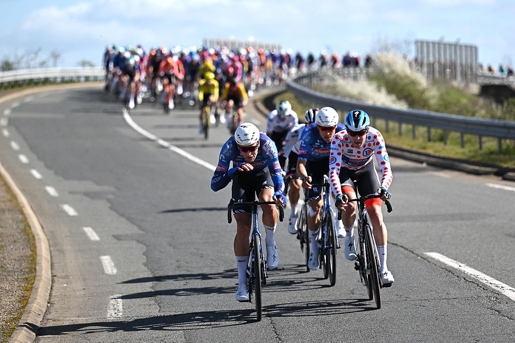 COLOMBIER-LE-VIEUX, FRANCE - MARCH 12: (L-R) Ramses Debruyne of Belgium and Team Alpecin-Premier Tech and Casper Pedersen of Denmark and Team Soudal Quick-Step - Polka Dot Mountain Jersey attack during the 84th Paris-Nice 2026, Stage 5 a 206.3km stage from Cormoranche-sur-Saone to Colombier-le-Vieux 422m / #UCIWT / on March 12, 2026 in Colombier-le-Vieux, France. (Photo by Szymon Gruchalski/Getty Images)