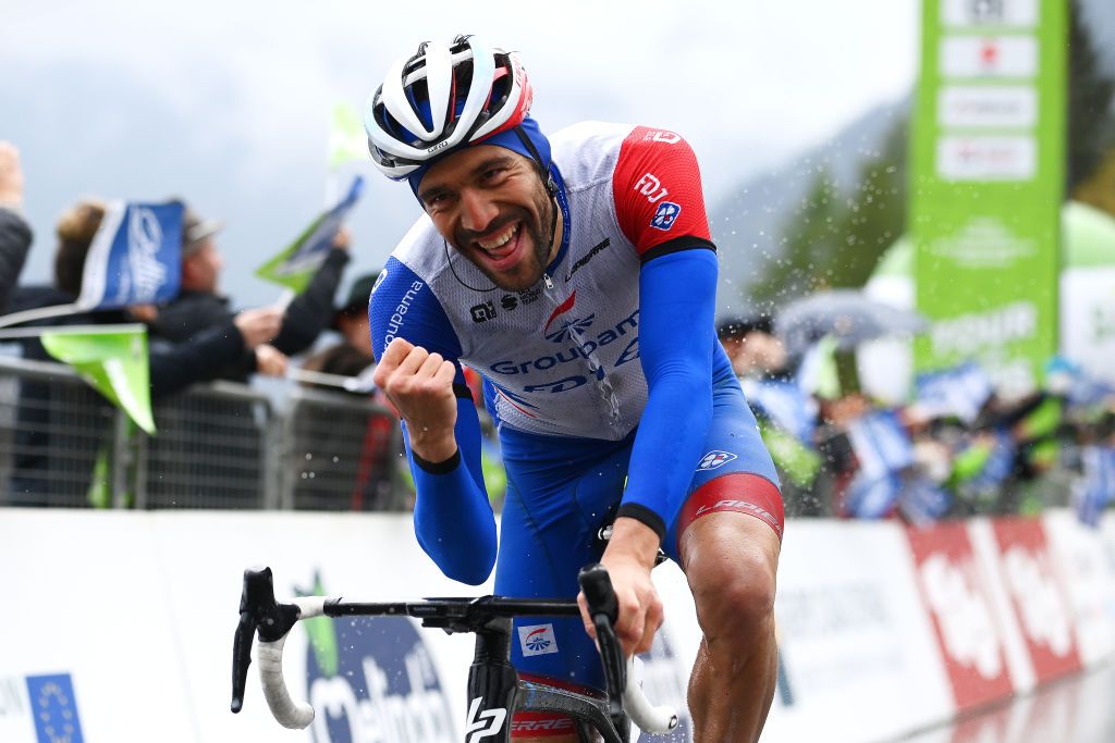 LIENZ AUSTRIA APRIL 22 Thibaut Pinot of France and Team Groupama FDJ celebrates at finish line as stage winner during the 45th Tour of the Alps 2022 Stage 5 a 1145km stage from Lienz to Lienz TouroftheAlps on April 22 2022 in Lienz Austria Photo by Tim de WaeleGetty Images