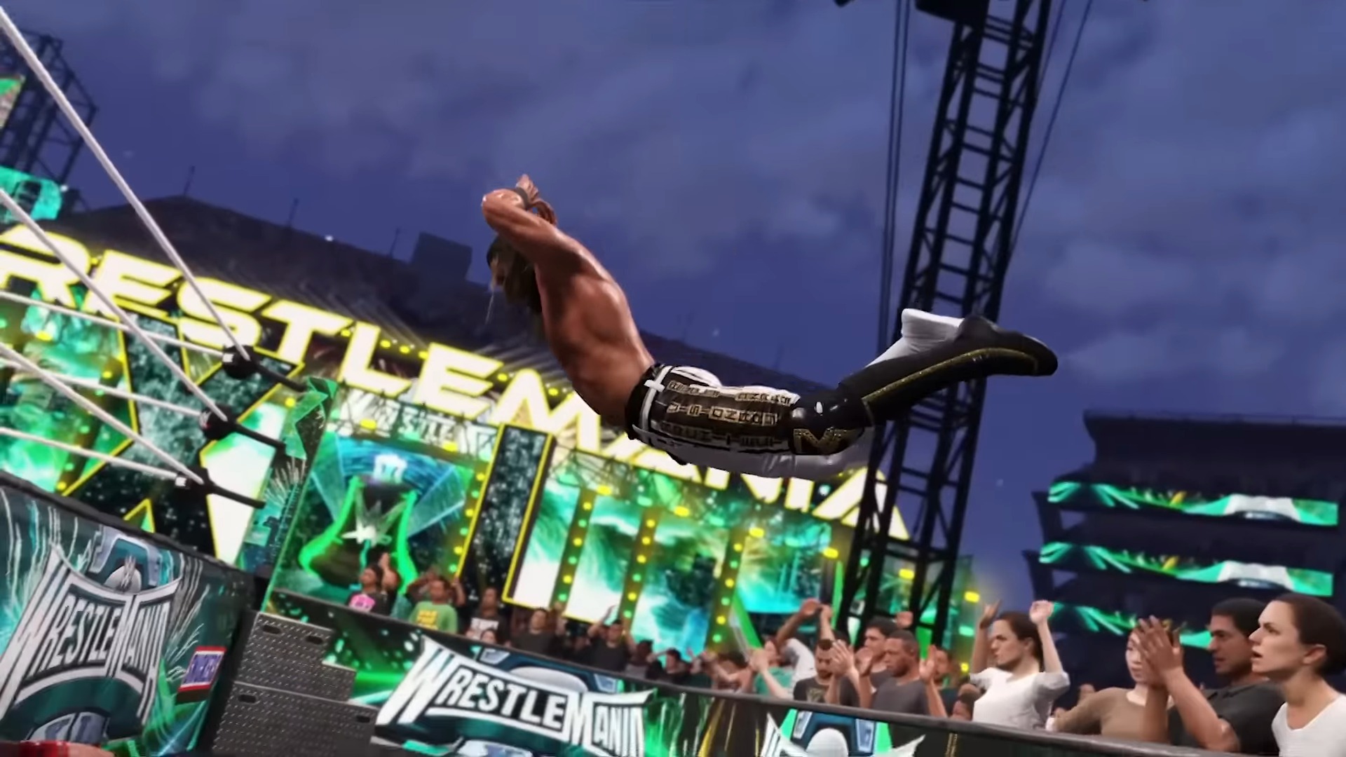 Seth Rollins jumping off a barricade in WWE 2K25