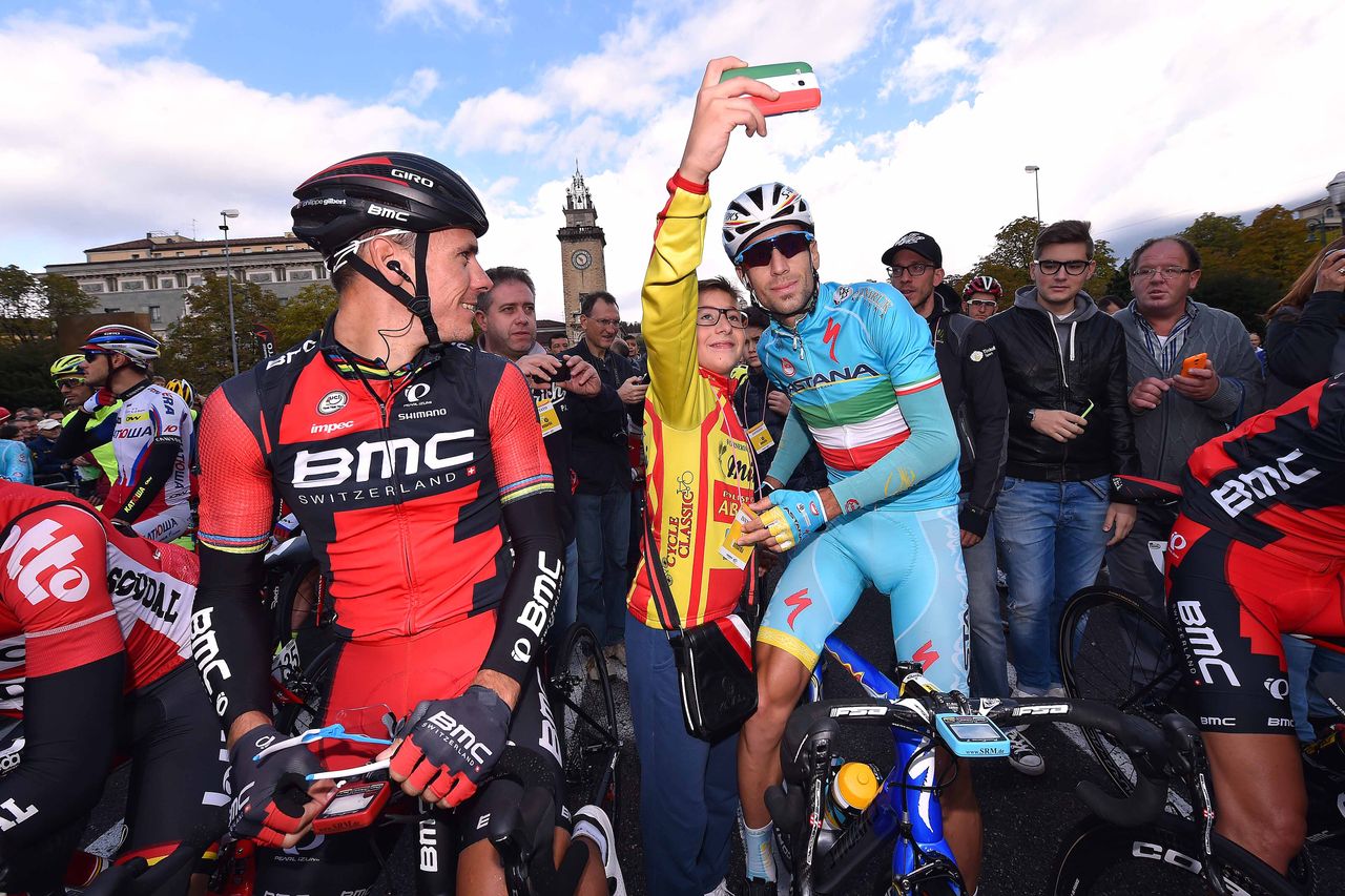 Vincenzo Nibali takes a selfie with a fan