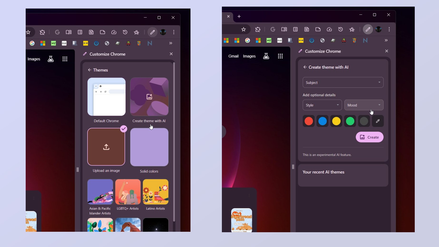 Zwei Screenshots, die Googles neuen KI-generierten Theme-Builder in Chrome zeigen