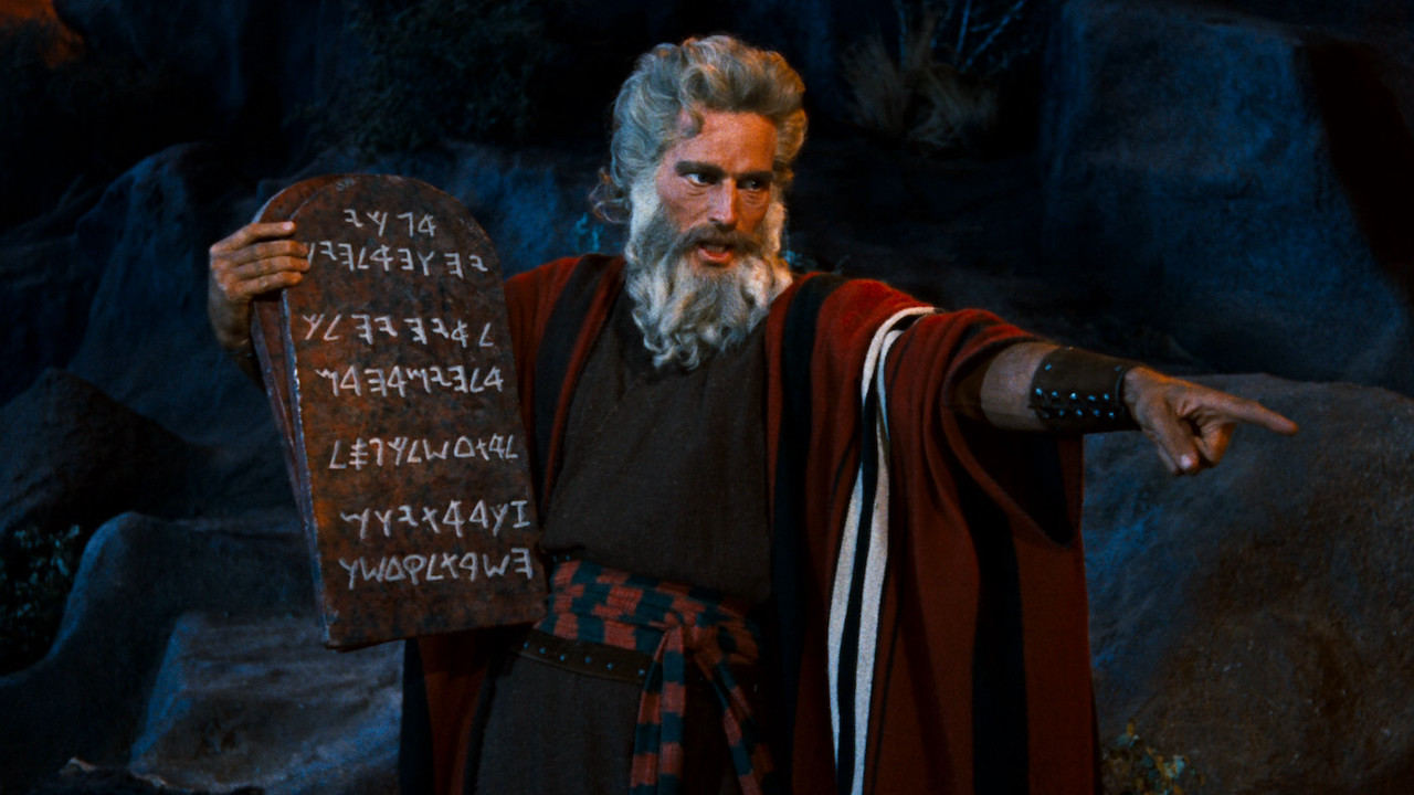 Charlton Heston as Moses during a storm in The Ten Commandments