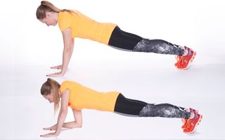 Woman demonstrates two positions of the walking plank exercise