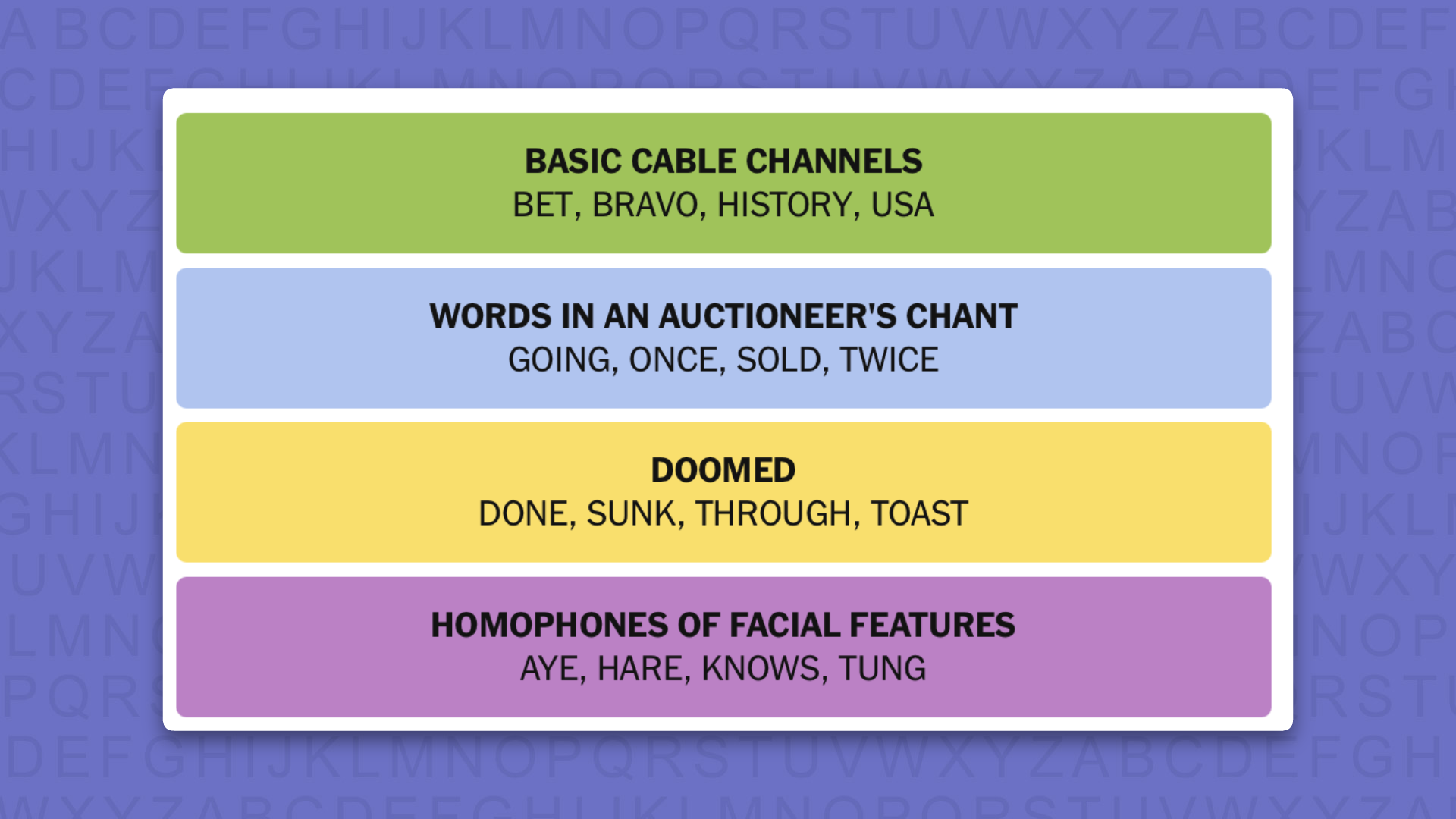 NYT Connections answers for game 1157 on a purple background