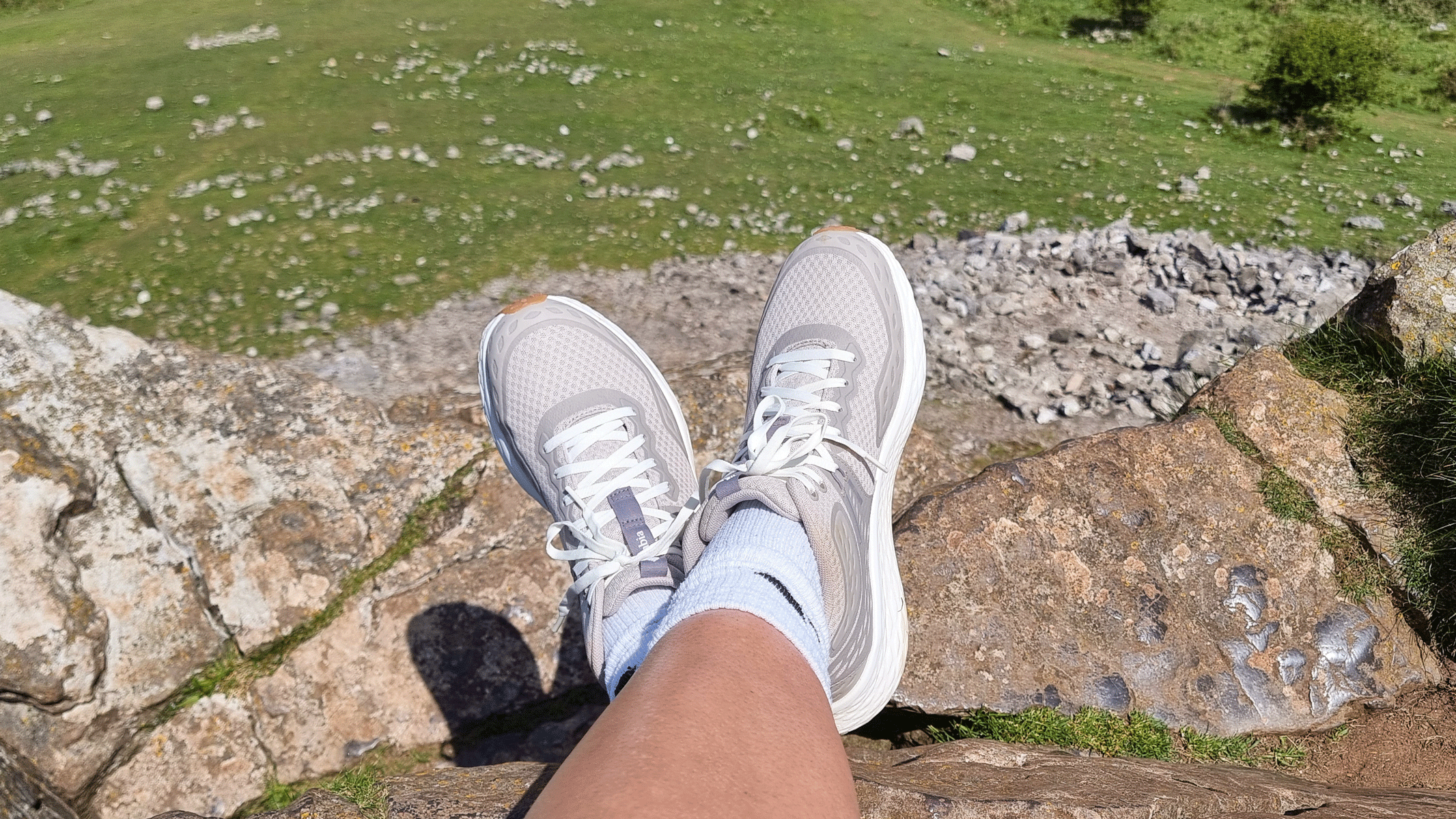 A close-up picture of our writer wearing the Columbia Konos TRS Outdry shoes during a hike
