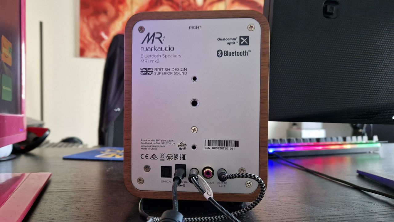 Ruark MR1 Mk2 Bluetooth Speakers review image showing the rear of the right speaker and the various connection ports