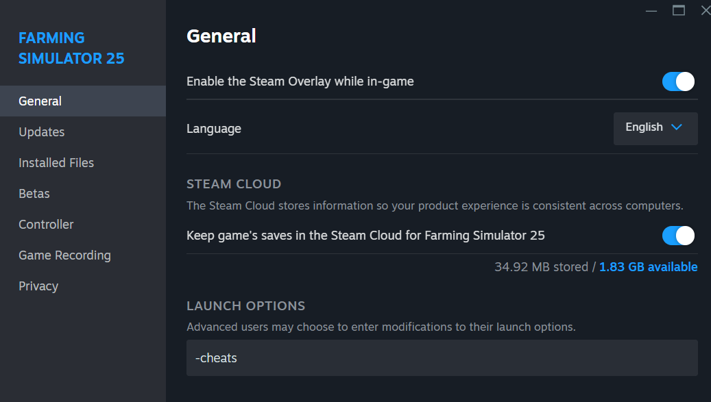 A Steam options window