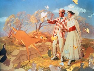 dick van dyke and julie andrews in red and white outfits accompanied by animated animals in Mary poppins