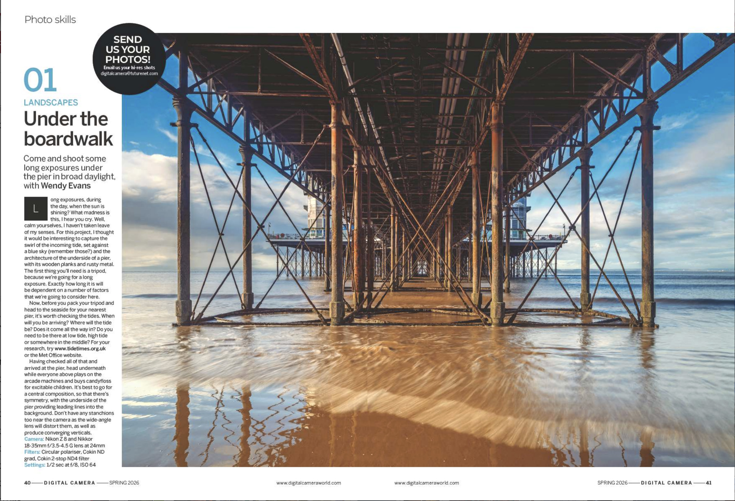 Image showing two projects in the Photo Skills section in issue 306 (Spring 2026) of Digital Camera magazine, explaining how to shoot long-exposure photographs under a pier