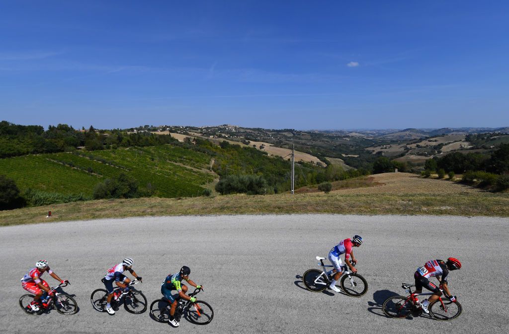 SARNANO ITALY SEPTEMBER 11 Jhonatan Restrepo Valencia of Colombia and Team Androni GiocattoliSidermec Julien Bernard of France and Team TrekSegafredo Edoardo Zardini of Italy and Team Vini Zabu KTM Mathieu Van Der Poel of The Netherlands and Team AlpecinFenix Carl Fredrik Hagen of Norway and Team Lotto Soudal Breakaway Landscape during the 55th TirrenoAdriatico 2020 Stage 5 a 202km stage from Norcia to SarnanoSassotetto 1335m TirrenAdriatico on September 11 2020 in Sarnano Italy Photo by Justin SetterfieldGetty Images