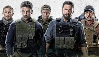 Triple Frontier cast lineup looking dangerous in front of a granite backgrounf