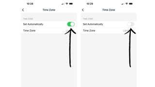 Display of how to switch between automatic and manual Time Zone on the Fitbit app