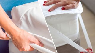 Mattress protectors vs mattress pads: image shows a white mattress protector on the left and a white mattress pad on the right