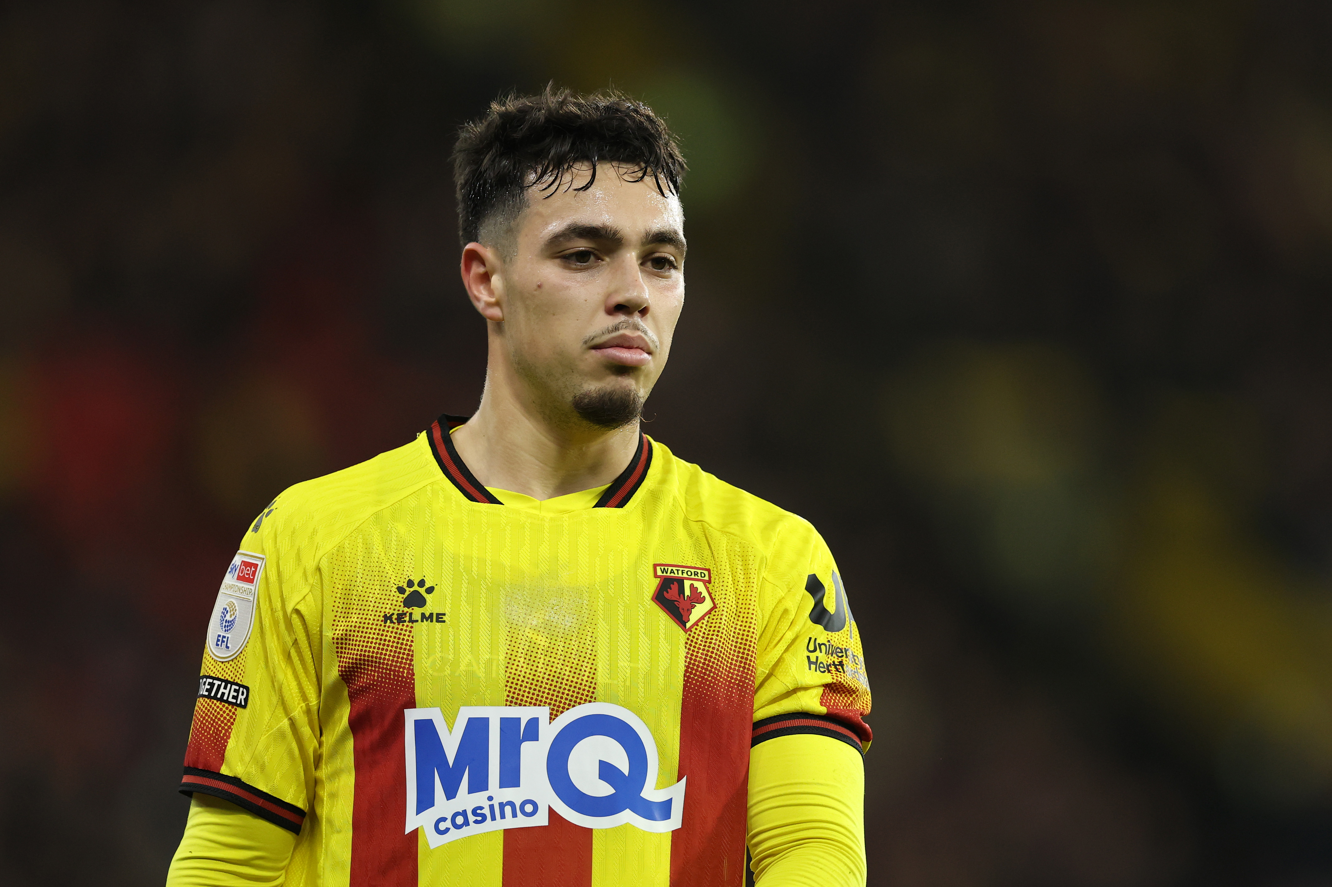 WATFORD, ENGLAND - DECEMBER 09: Othmane Maamma of Watford in action during the Sky Bet Championship match between Watford and Sheffield Wednesday at Vicarage Road on December 09, 2025 in Watford, England. (Photo by Richard Heathcote/Getty Images)