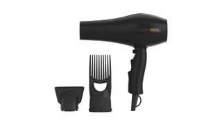 A black Wahl Hair Dryer with two attachments to the left of it.