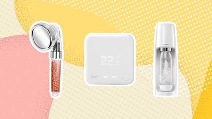 Energy-saving buys graphic with shower head, Tado smart thermostat and white Sodastream machine