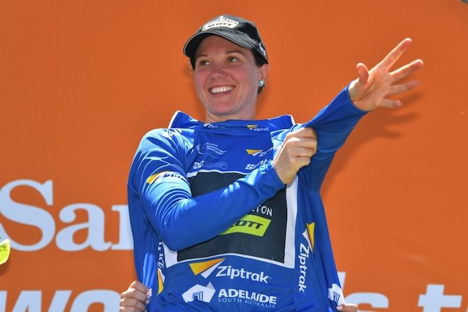 Sarah Roy (Mitchelton-Scott) is in the blue points jersey after stage 1 of the 2019 Women'e Tour Down Under