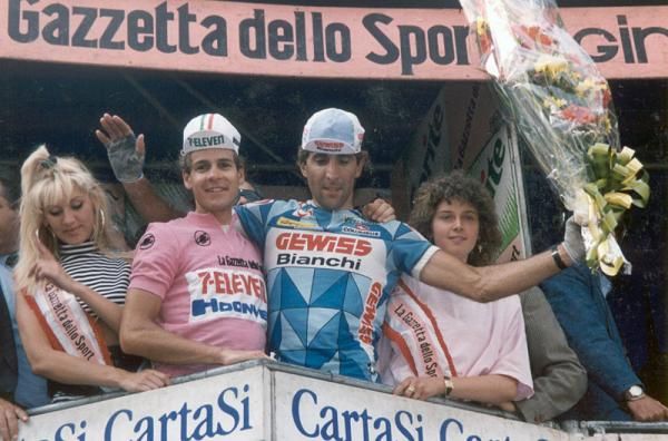 Race leader Andy Hampsten and stage 20 winner Paolo Rosola on the podium at the 1988 Giro.