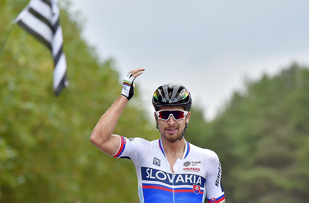 Peter Sagan celebrates his win at the European championship road race.