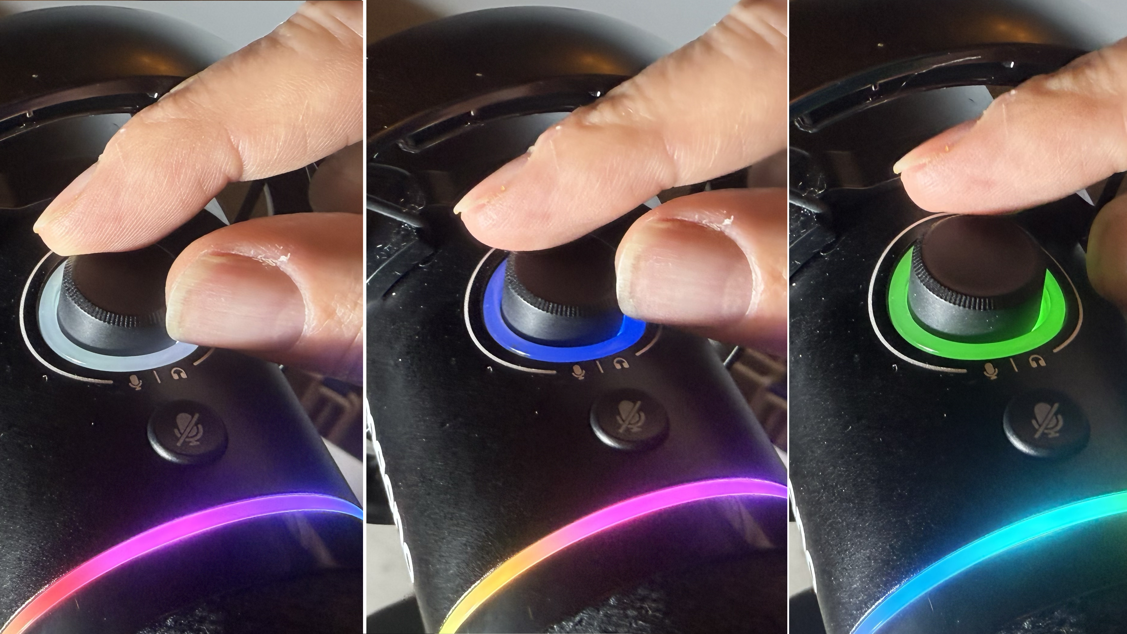 Three shots of the control knob showing its LED ring displaying three different colours - grey for input levels, blue for monitor levels and green for noise cancellation
