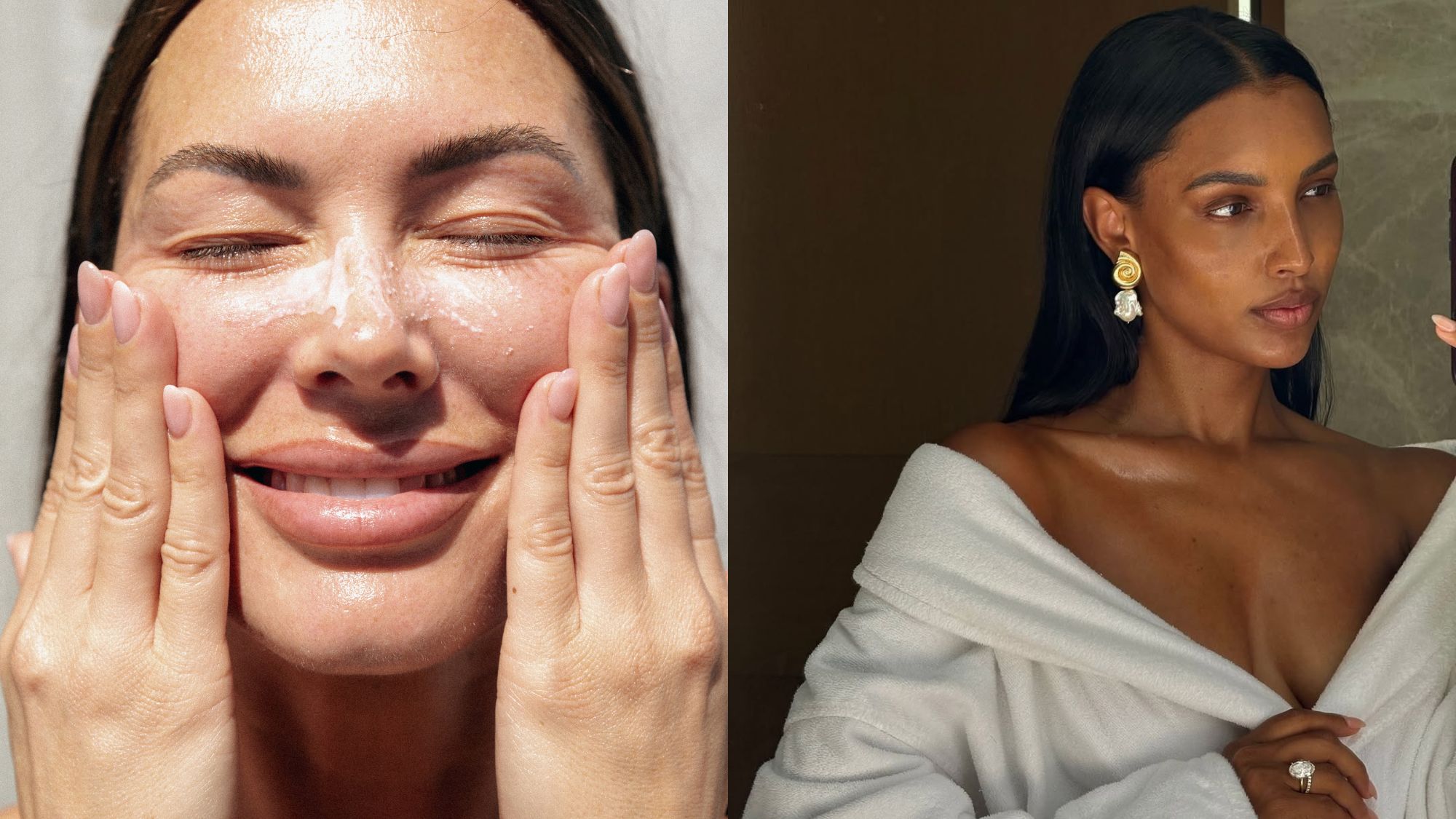 A split image of a woman washing her face and Jasmine Tookes with hydrated, clean skin.