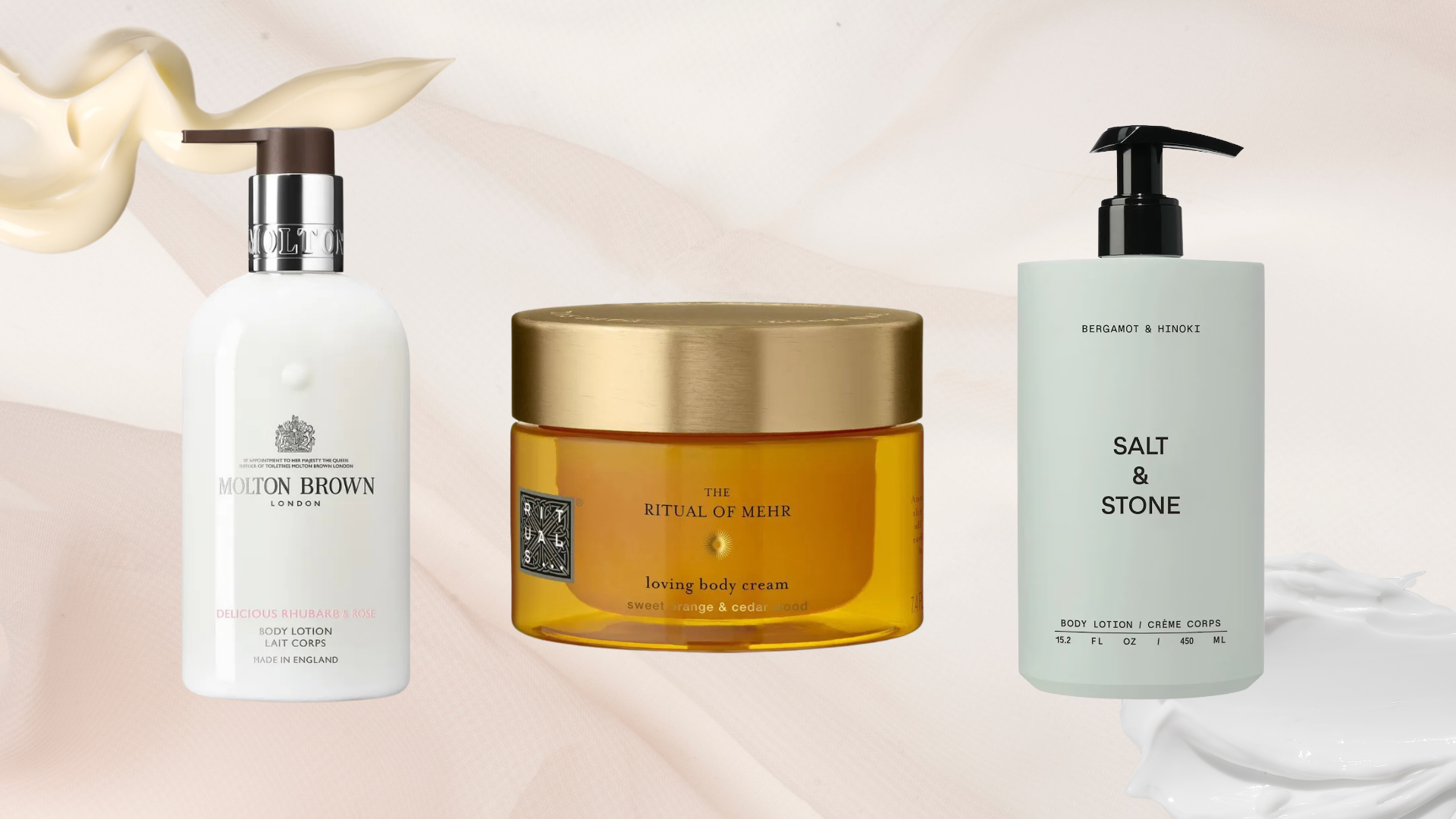 Collage of 3 of the best smelling body lotions from (left to right) Molton Brown, Rituals and Salt and Stone, set against a pink marble effect background with 2 product swatches