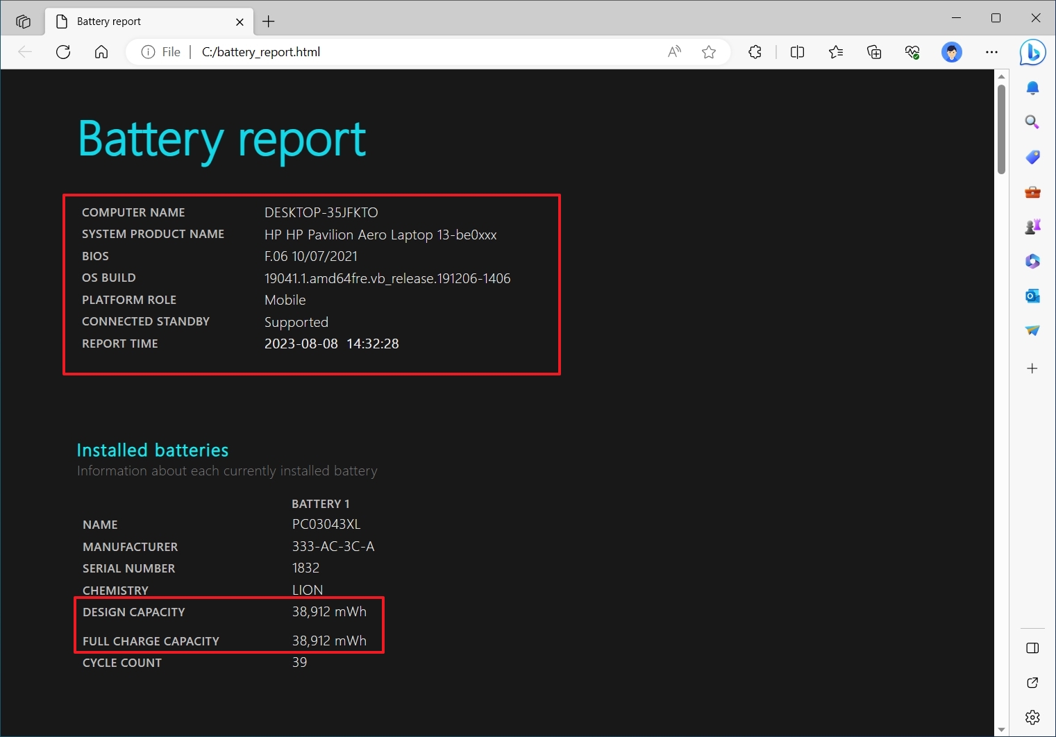 Windows 10 battery report