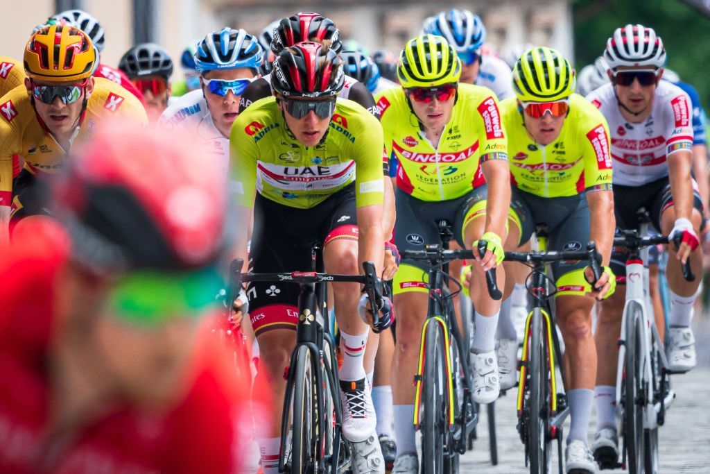 Overall leader Slovenias Tadej Pogacar 4th R of Team UAE competes during the 5th and last stage of Tour of Slovenia cycling race in Novo mesto on June 13 2021 Photo by Jure Makovec AFP Photo by JURE MAKOVECAFP via Getty Images