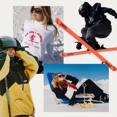 A collage of photos of Rell Harwood, freestyle skier on the U.S. Ski & Snowboard team who is competing in the 2026 Winter Olympics.