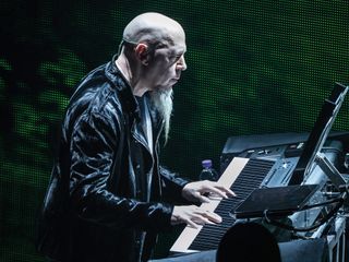 Piano man: Jordan Rudess manning his revolving keyboard set-up.