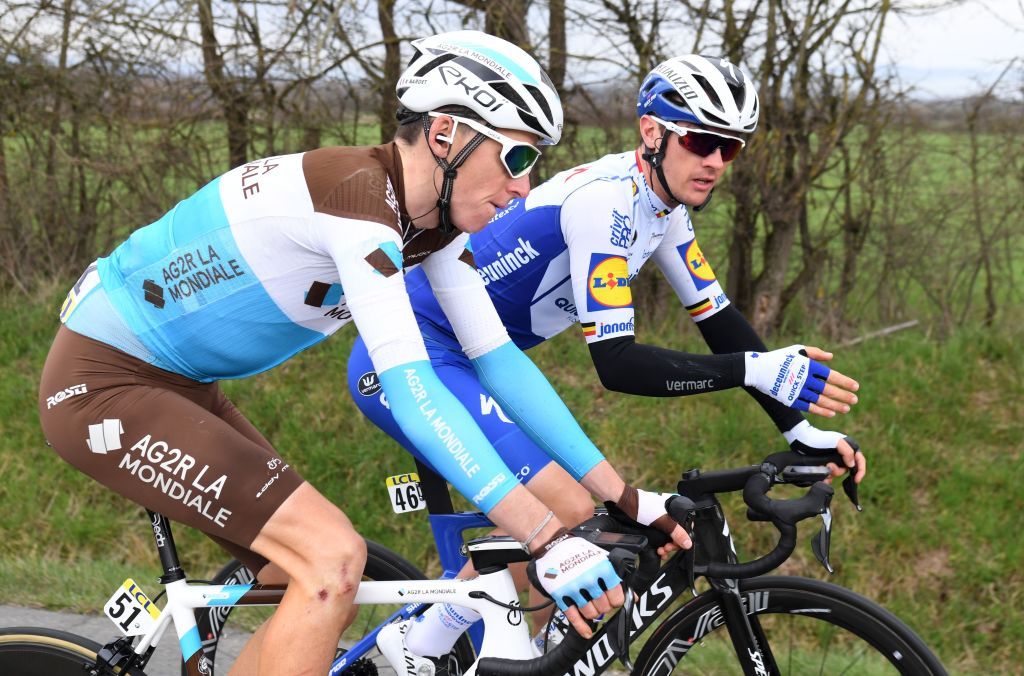 AG2R La Mondiale’s Romain Bardet chats to Deceuninck-QuickStep’s Yves Lampaert at the 2020 Paris-Nice