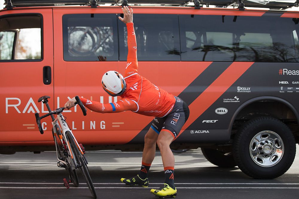 Svein Tuft stretched out before a Rally UHC training ride