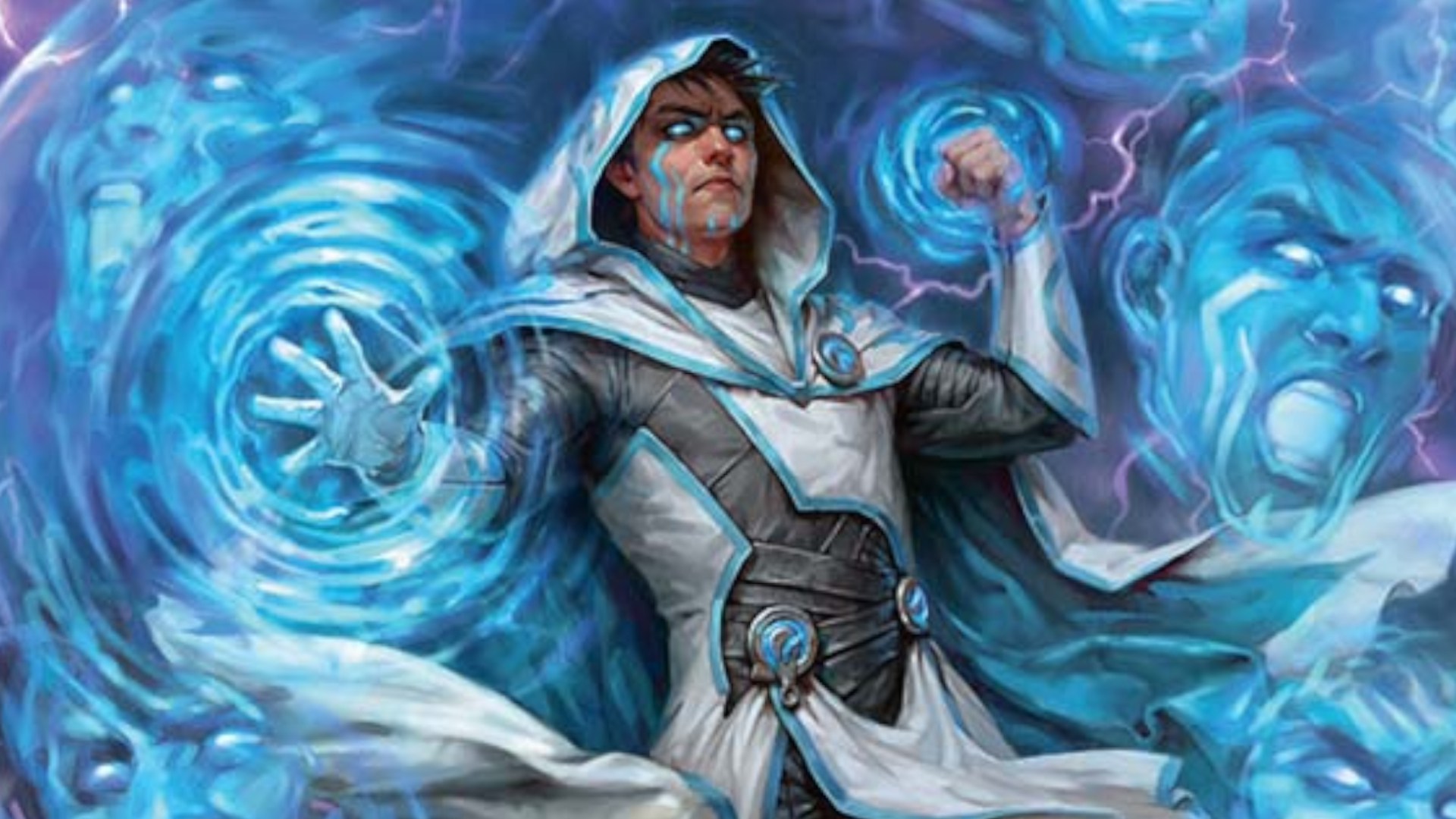 Jace Beleren fires a magical effect from his right hand, while surrounded by ghostly images of his own screaming face