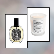 product collage of Diptyque Orphéon Eau de Parfum 2.5 oz., Yves Saint Laurent Black Opium Eau De Parfum Extreme V Fg, 3 Oz., Diptyque Black Baies (Berries) Scented Candle, Maison Margiela 'REPLICA' By The Fireplace Scented Candle in white boxes with black border overlaid grey, blue, and white gradient background 