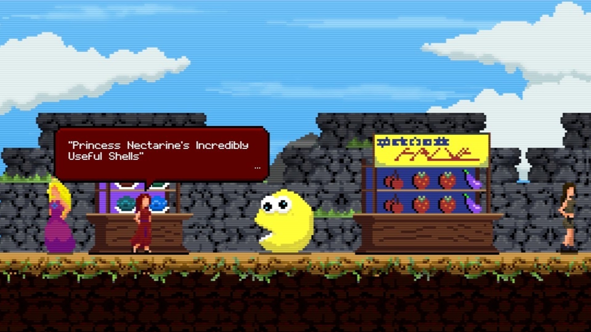 Quantum Witch screenshot of Hus Town Square, with princess Nectarine and a Pac-Man like creature selling their wares