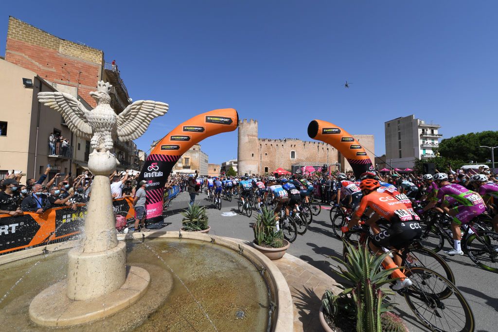 AGRIGENTO ITALY OCTOBER 04 Start Kamil Malecki of Poland and CCC Team Peloton Santuario Maria SS DellAlto Alcamo Village Public Fans during the 103rd Giro dItalia 2020 Stage 2 a 149km stage from Alcamo to Agrigento 243m girodiitalia Giro on October 04 2020 in Agrigento Italy Photo by Tim de WaeleGetty Images