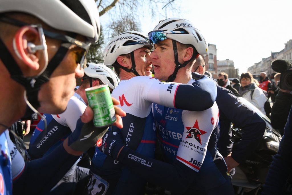 QuickStep Alpha Vinyl Teams Dutch rider Fabio Jakobsen R celebrates with QuickStep Alpha Vinyl Teams Belgian rider Yves Lampaert L after winning the 2nd stage of the 80th edition of the Paris Nice cycling race 1595 km between Auffargis and Orleans on March 7 2022 Photo by FRANCK FIFE AFP Photo by FRANCK FIFEAFP via Getty Images