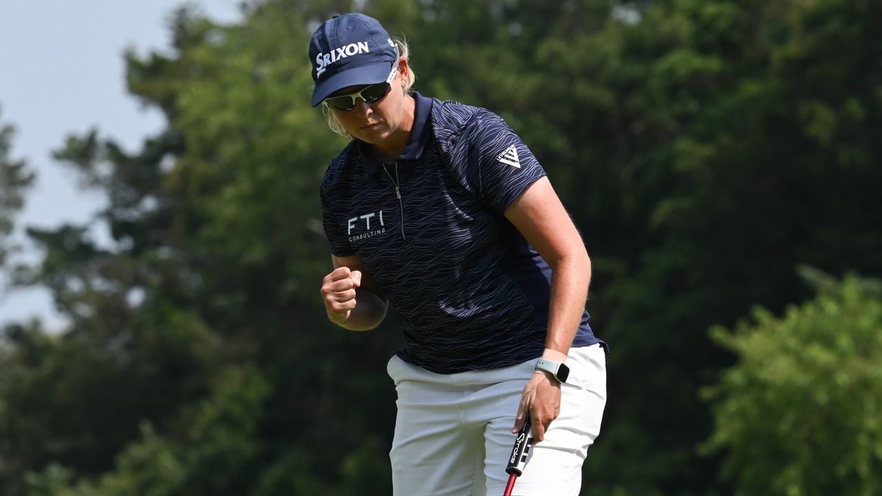 Ashleigh Buhai celebrates a birdie putt at the 13th during the final round of the 2023 ShopRite LPGA Classic