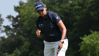 Ashleigh Buhai celebrates a birdie putt at the 13th during the final round of the 2023 ShopRite LPGA Classic