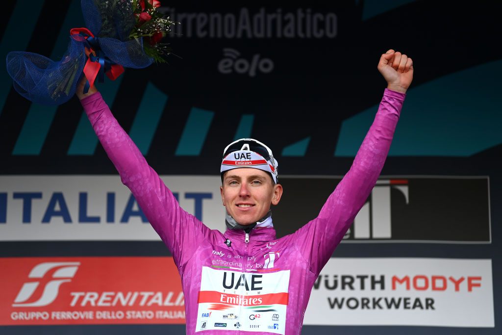 BELLANTE ITALY MARCH 10 Tadej Pogacar of Slovenia and UAE Team Emirates celebrates at podium as Purple Sprint Jersey winner during the 57th TirrenoAdriatico 2022 Stage 4 a 202km stage from Cascata delle Marmore to Bellante 345m TirrenoAdriatico WorldTour on March 10 2022 in Bellante Italy Photo by Tim de WaeleGetty Images