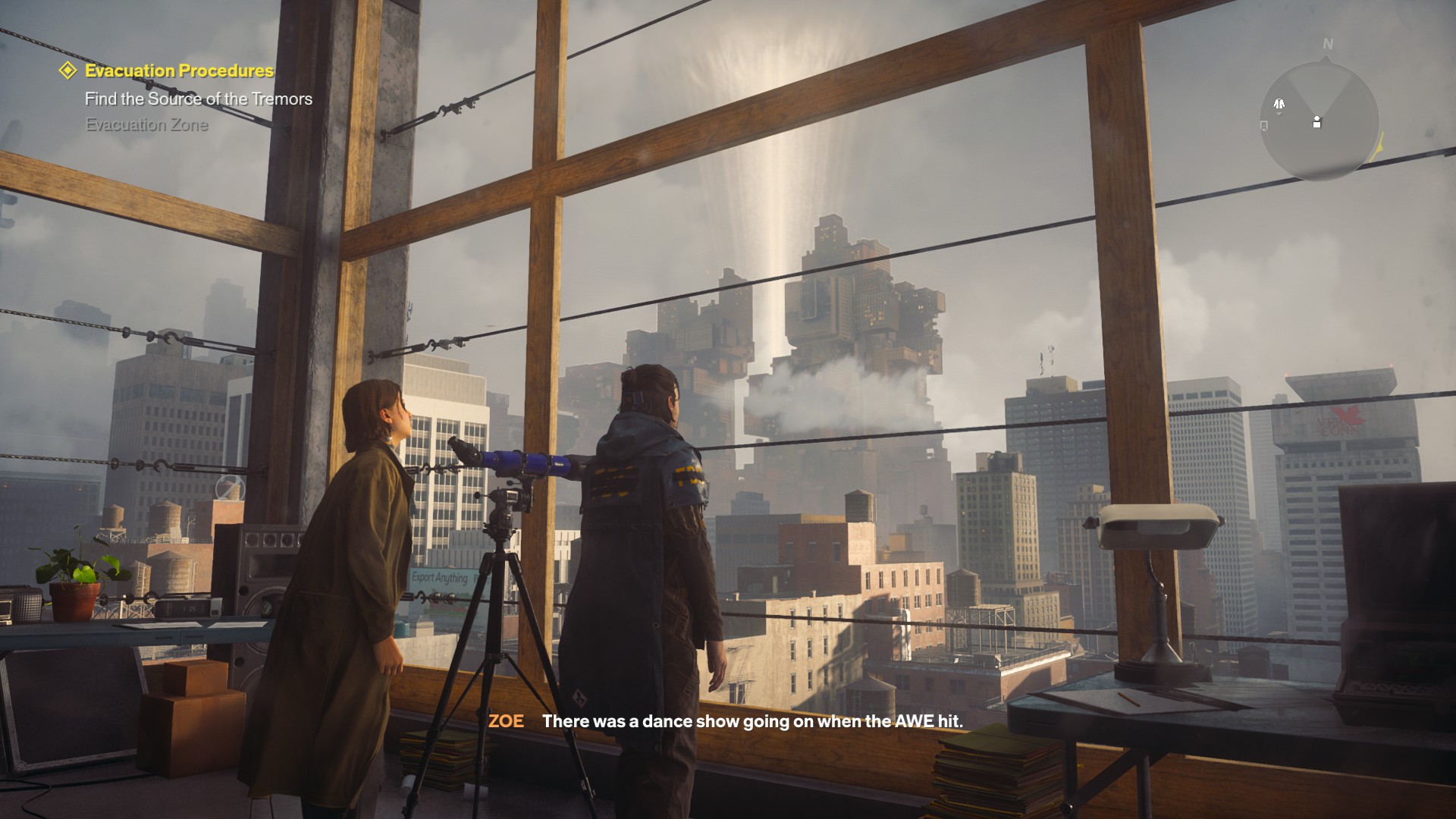 Dylan and handler Zoe De Vera look out over the warped cityscape of Manhattan in Control Resonant.