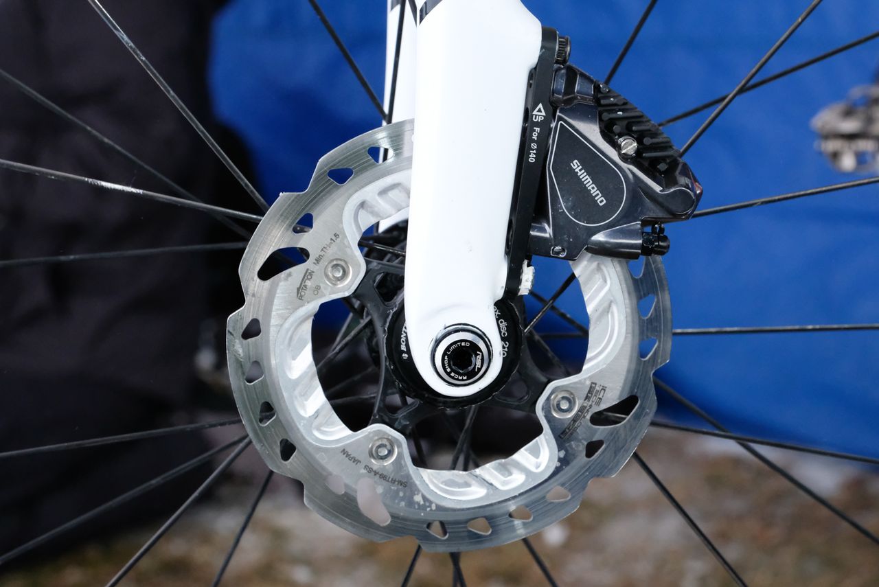 Compton pairs her Shimano RT-99 rotors with Shimano hydraulic disc brakes