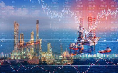 Stock market concept with oil rig in the gulf and oil refinery industry background,Double exposure