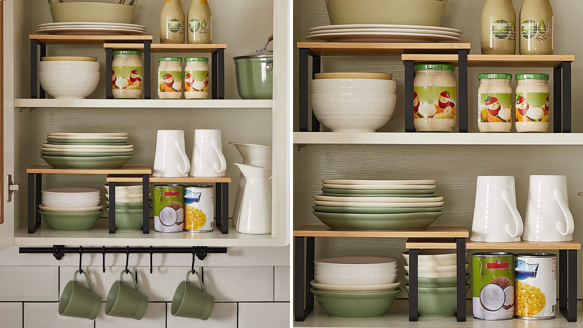 Open cabinets to show how to organise kitchen cupboards with stacking shelf organisers