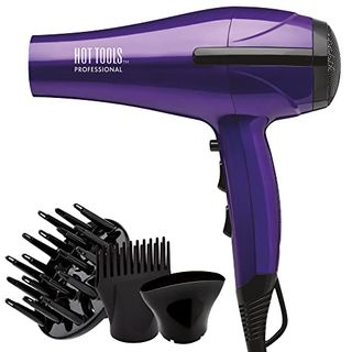 Hot Tools Professional 2100 Turbo Ceramic + Ionic Lightweight Hair Dryer with diffuser, comb, and concentrated attachments on a white background