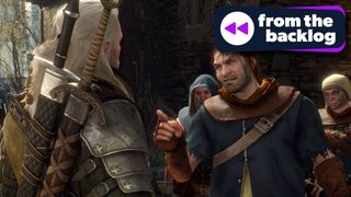 A screenshot from The Witcher 3: Wild Hunt showing Geralt in conversation with a bandit, with TechRadar Gaming's From the Backlog logo on top