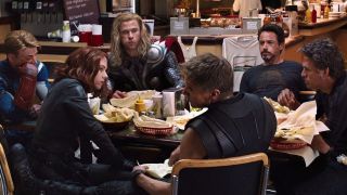 The Avengers having schwarma at the end of 2012's Avengers