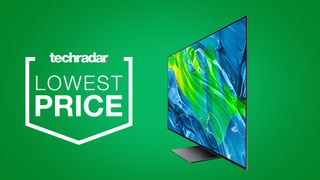 Samsung OLED TV on a green Techradar deals background